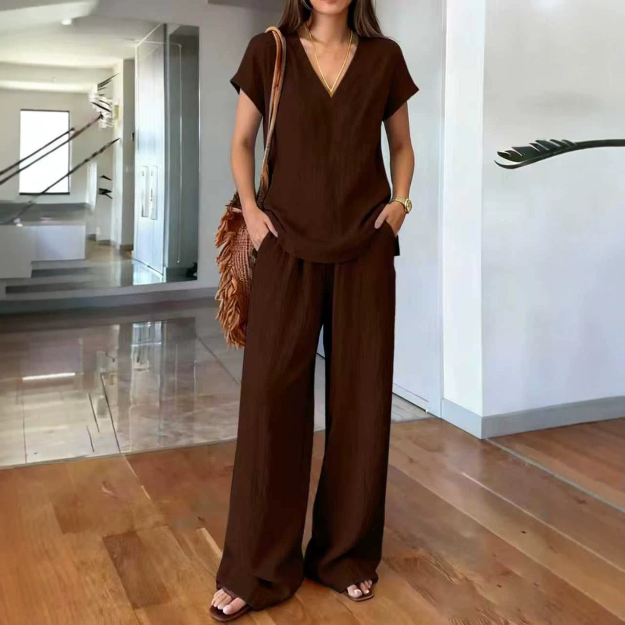 Women's V-Neck Short Sleeve Top & Wide Leg Pants Set