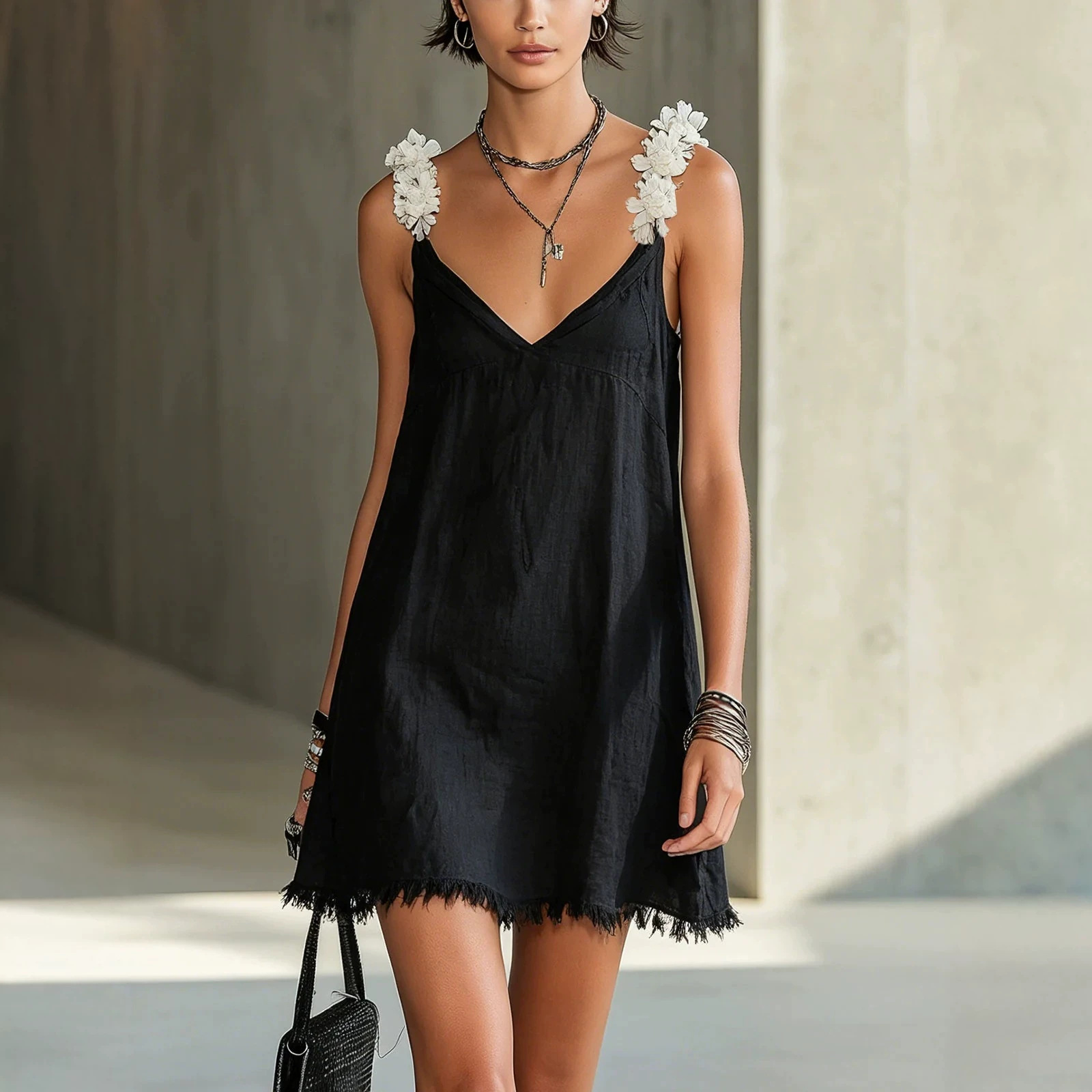 French V-Neck Cami Little Black Dress with 3D White Floral Straps and Raw Hem