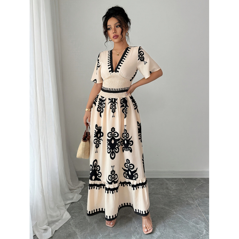 V-Neck Floral Print Ruched Waist A-Line Long Dress