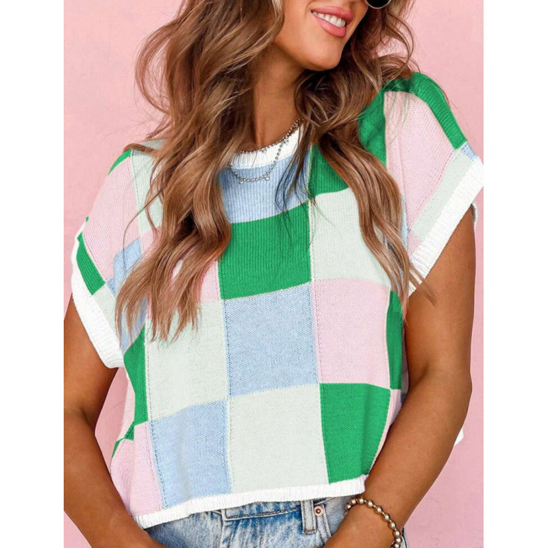 Color Block Checkered Cropped Knit Top