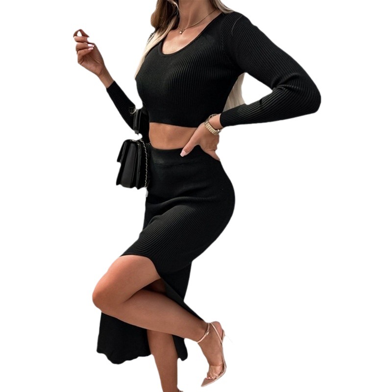 Solid Ribbed Long Sleeve Slit Midi Dress Two-Piece Set