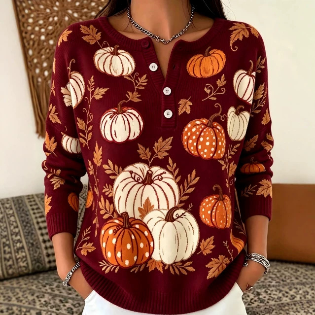 Women's Pumpkin Print Button-Up Casual Sweatshirt