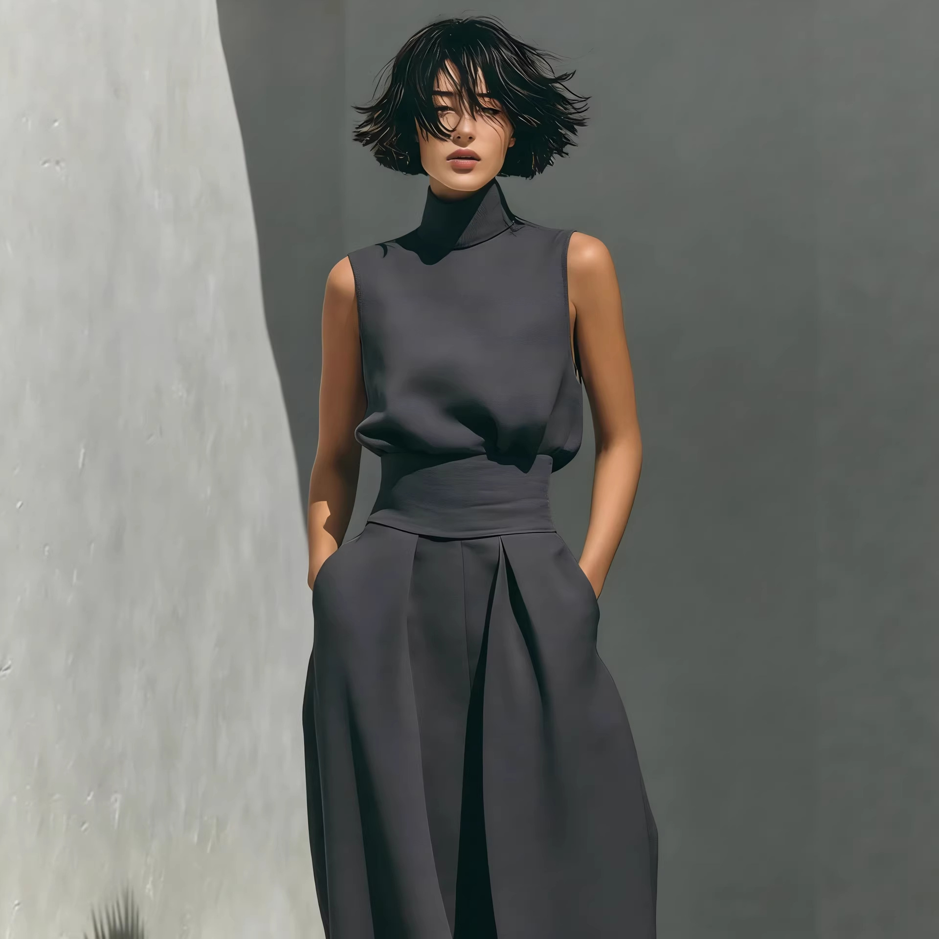 Women's Sleeveless Cotton-Blend Top & Wide-Leg Pants Set