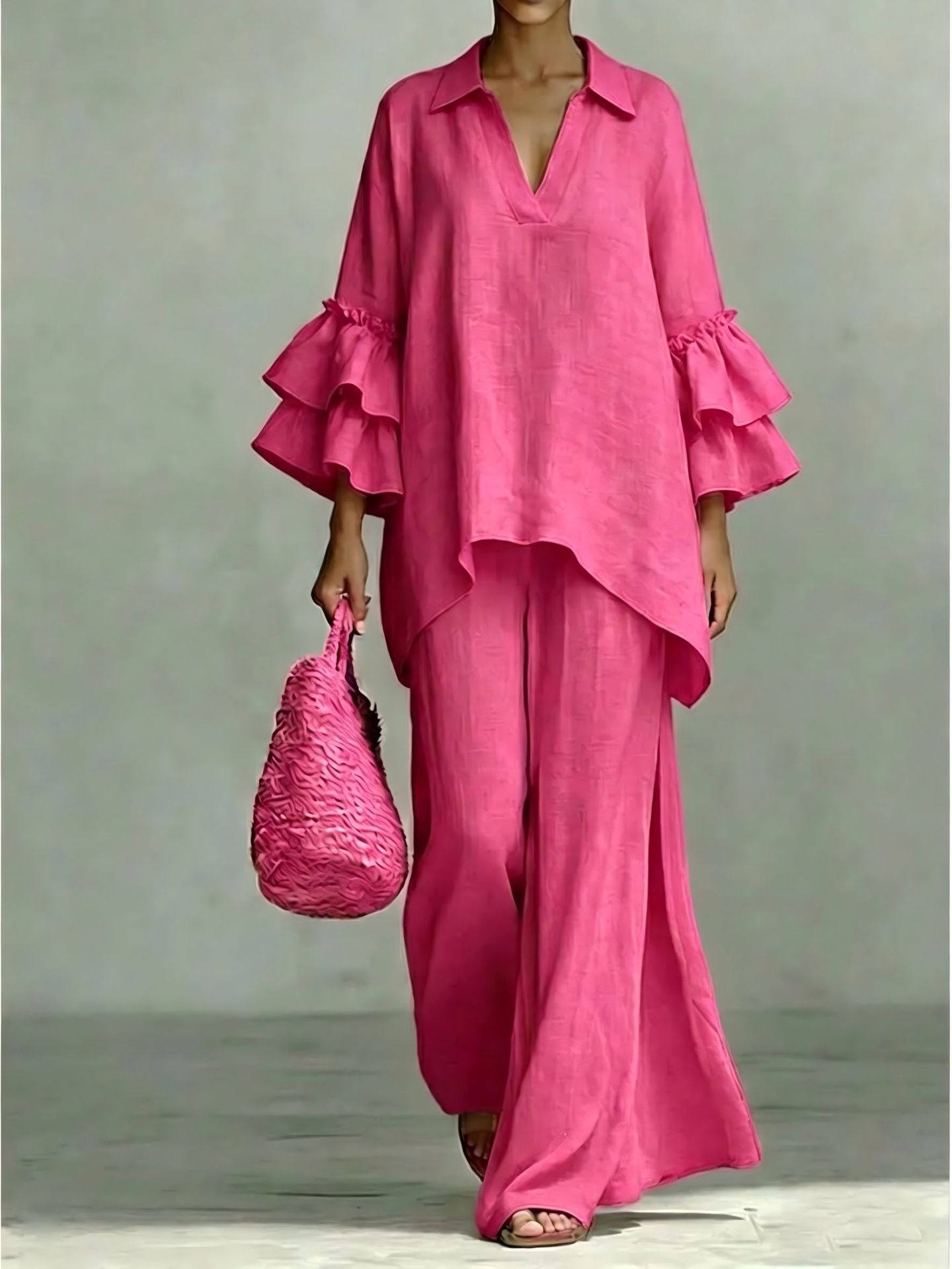 Women's Casual Solid Color Shirt Collar Loose Two-Piece Set