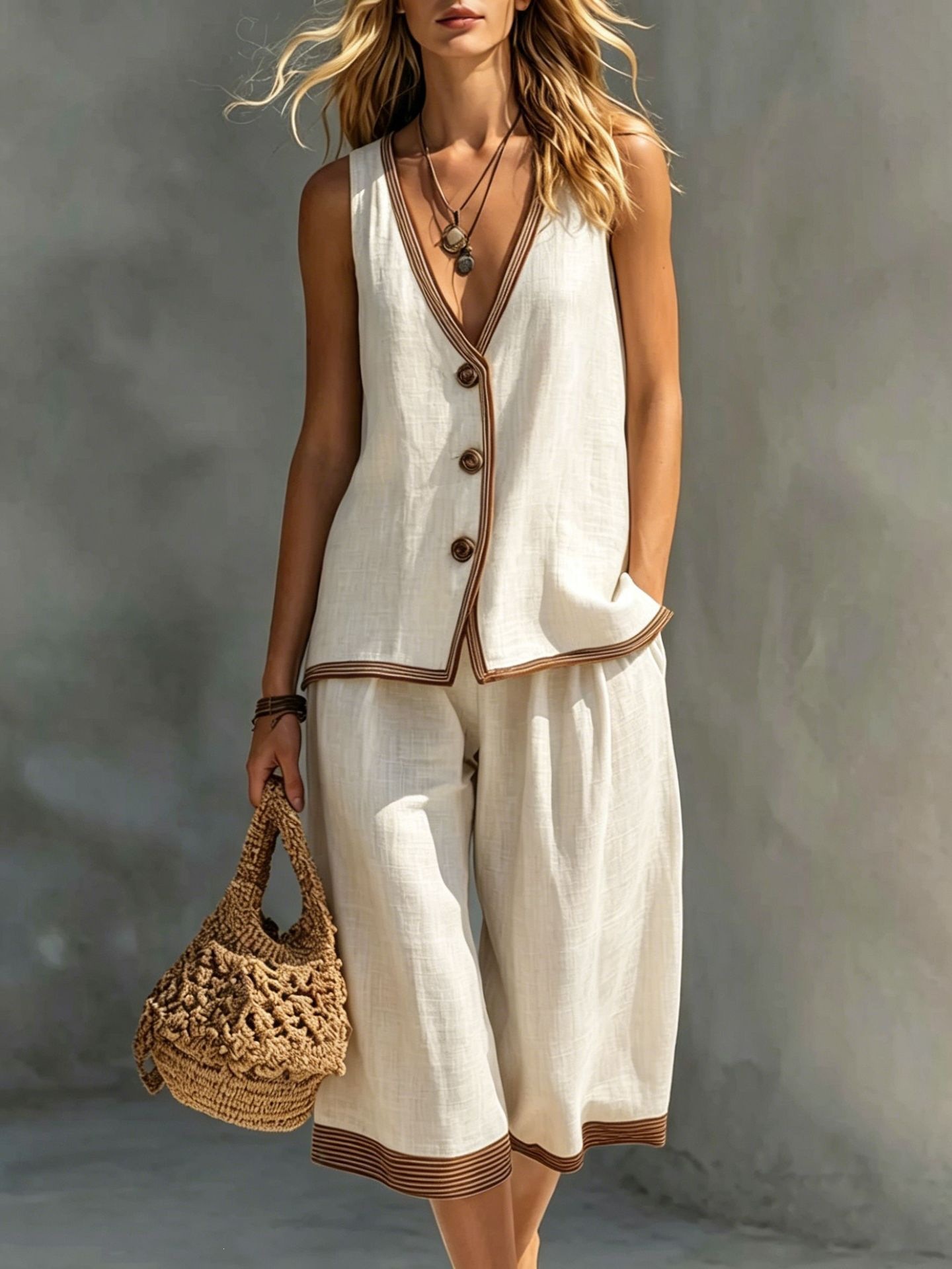 Women's Summer Casual Solid Button Vest Cardigan & Shorts Set
