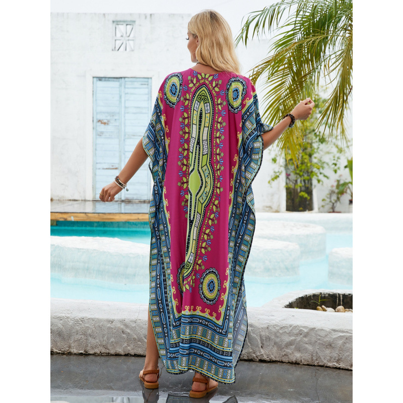 Printed Long Sleeve V-Neck Beach Cover-Up Dress