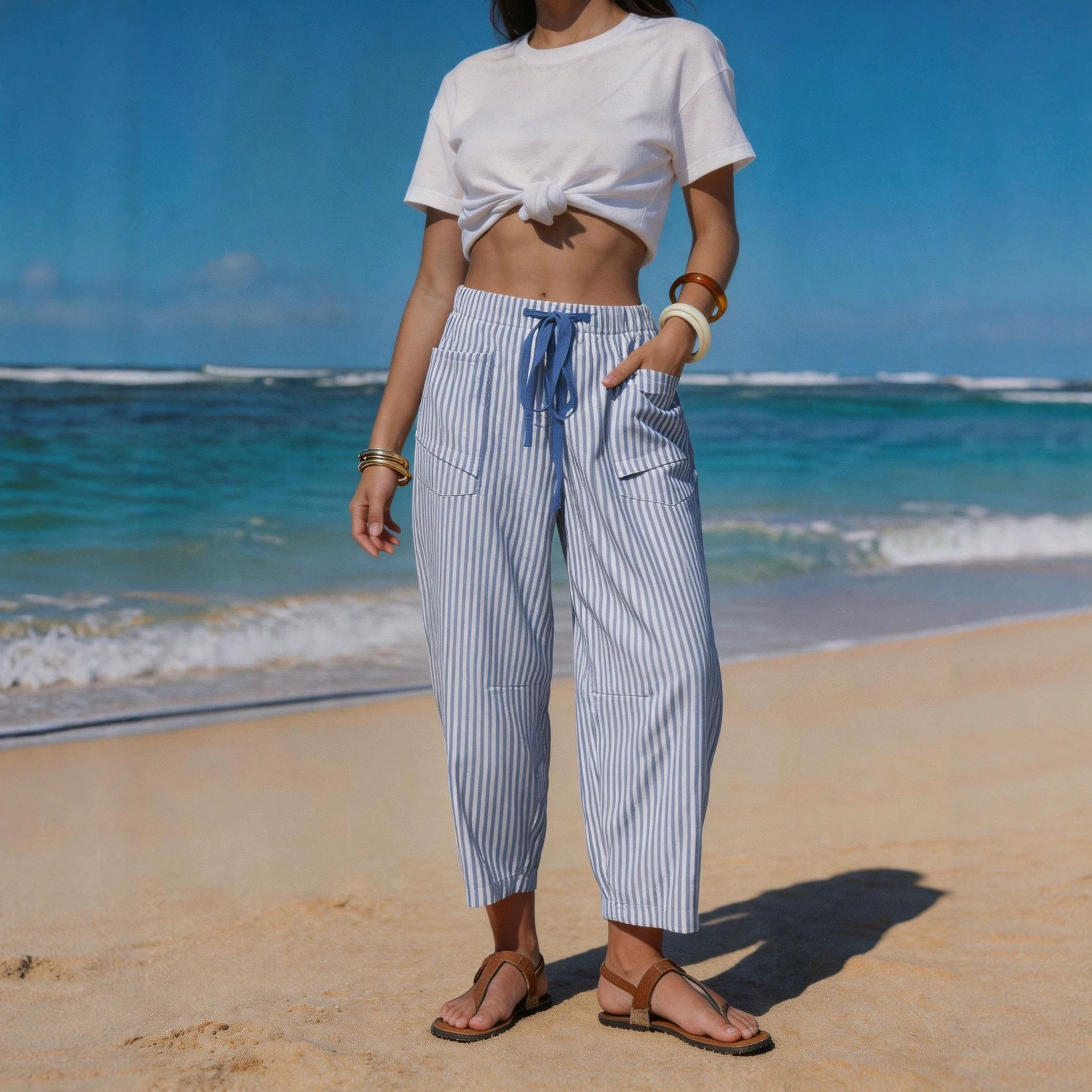 Striped Faux Linen Cropped Pants with Drawstring and Pockets