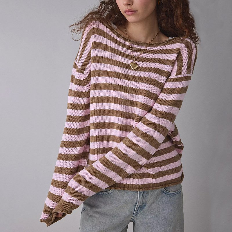 Women's Crewneck Long Sleeve Knit Sweater Loose Pullover Color Block
