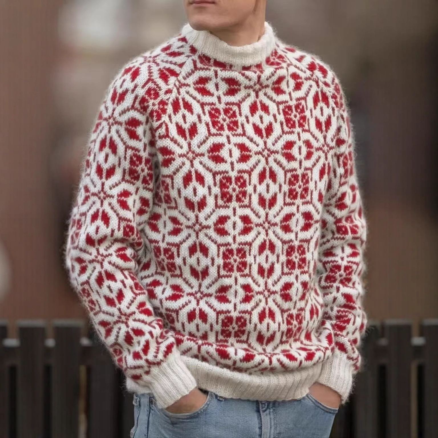 Retro Floral Jacquard Crewneck Pullover Sweater