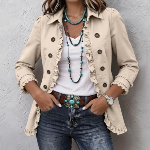 Ruffled Trim Solid Color Lapel Blazer Jacket