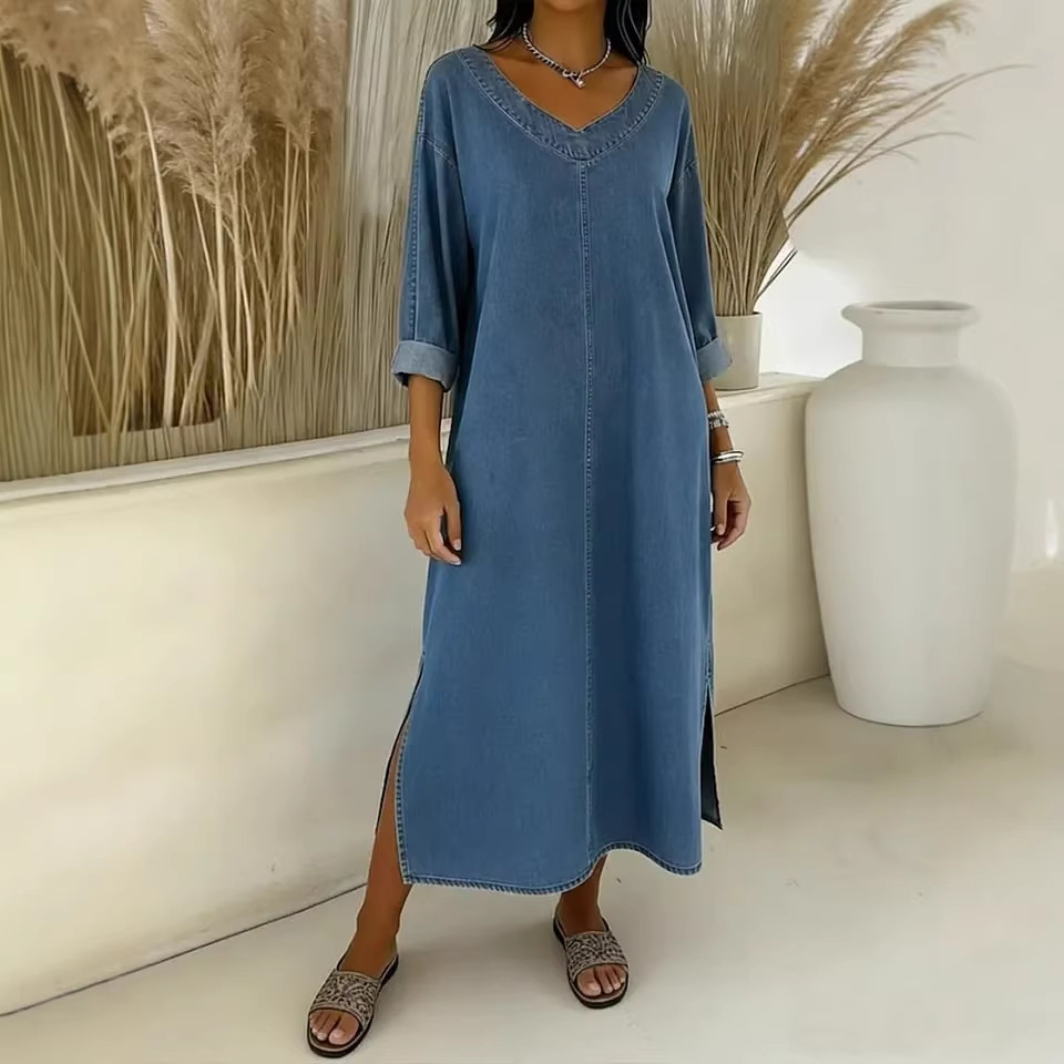 Solid V-Neck Midi Faux Denim Dress with Slit