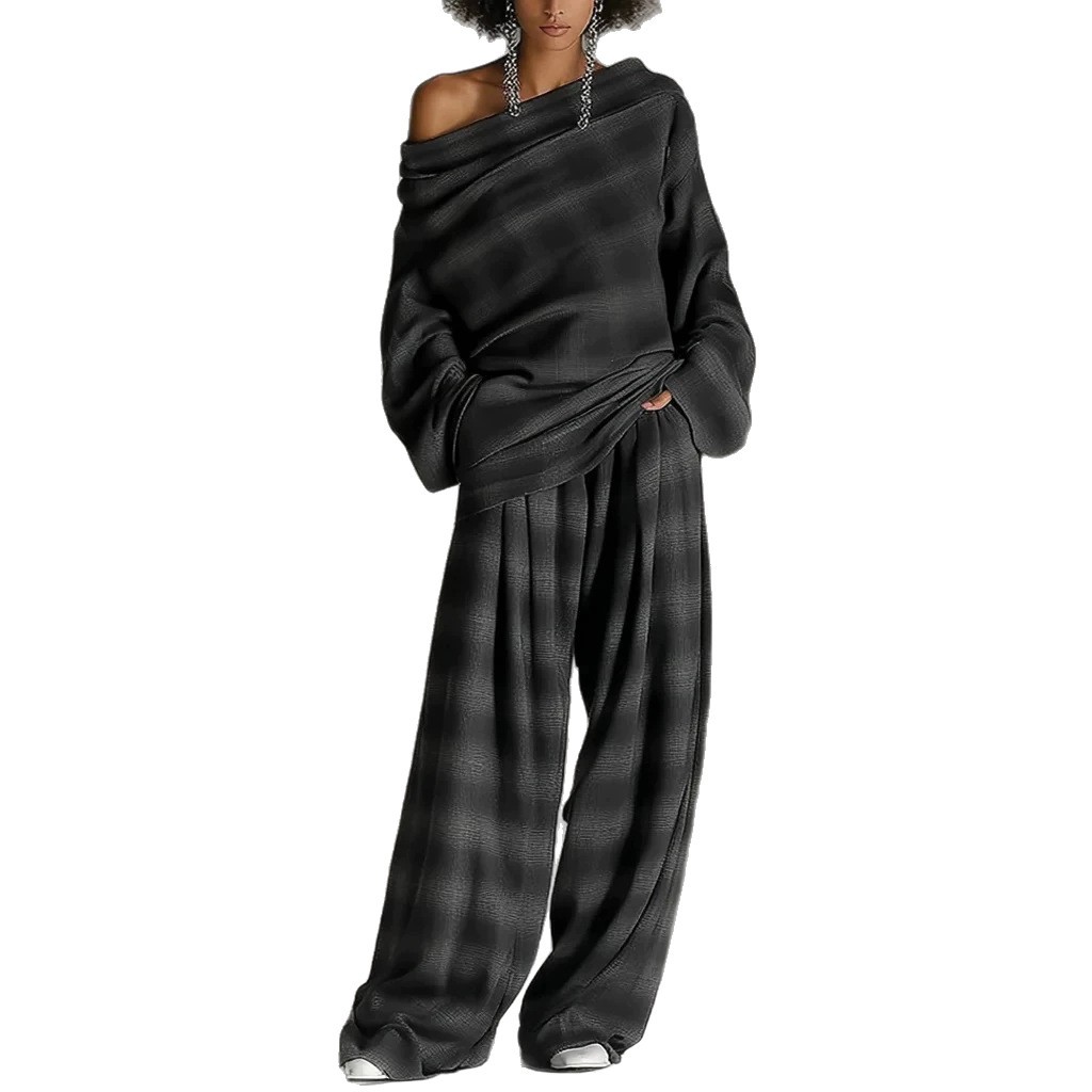 Women's Plaid Distressed Colorblock Streetwear Pants Set