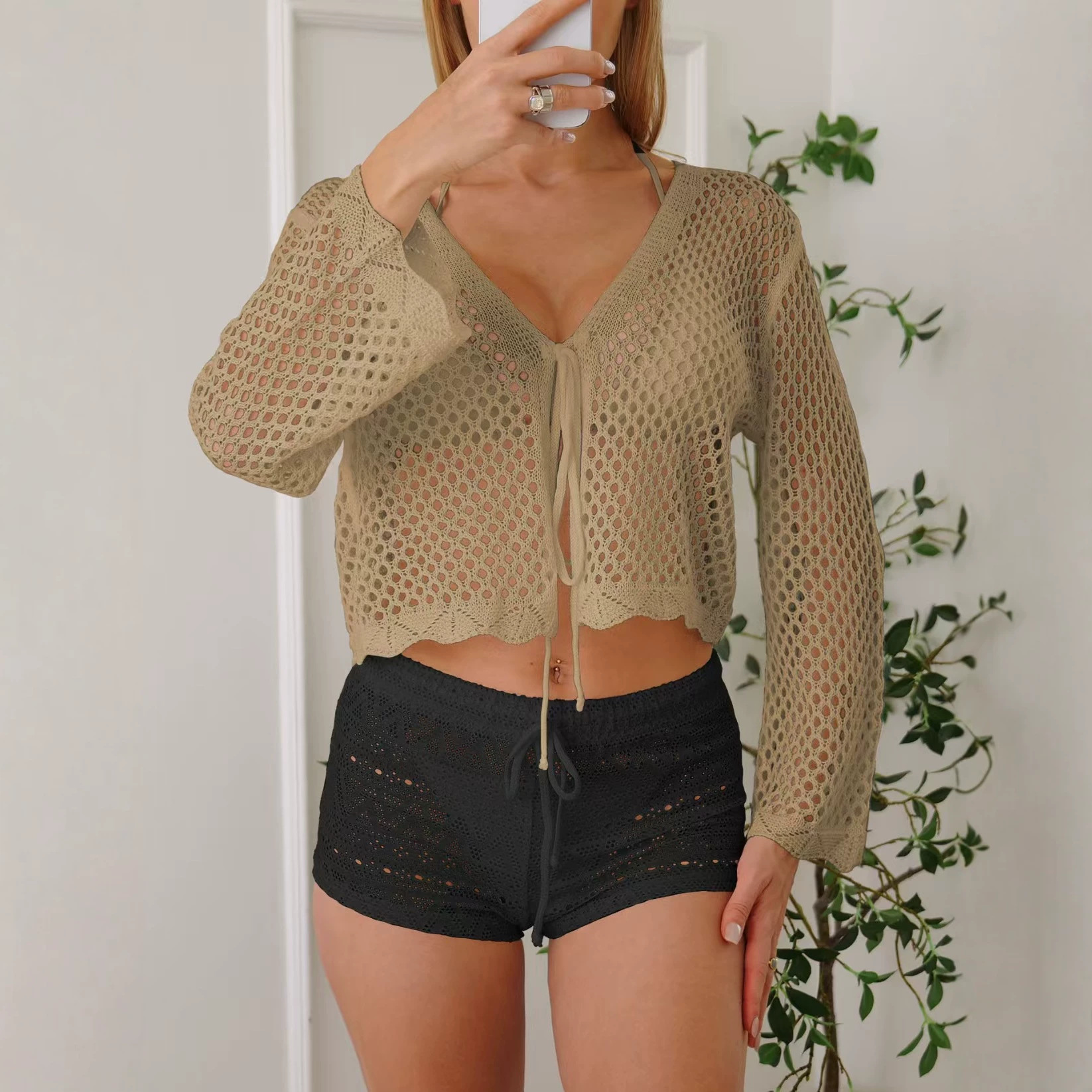 Women's Sheer Open-Knit Lace-Up Cardigan Top