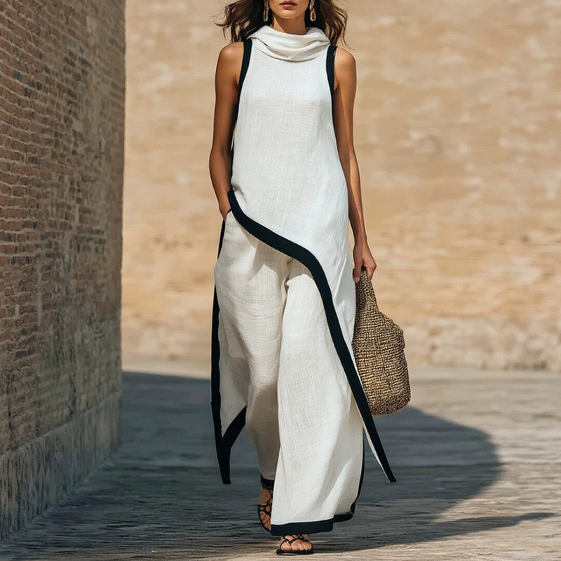 Asymmetric Colorblock Hooded Vest & Pants Two-Piece Set