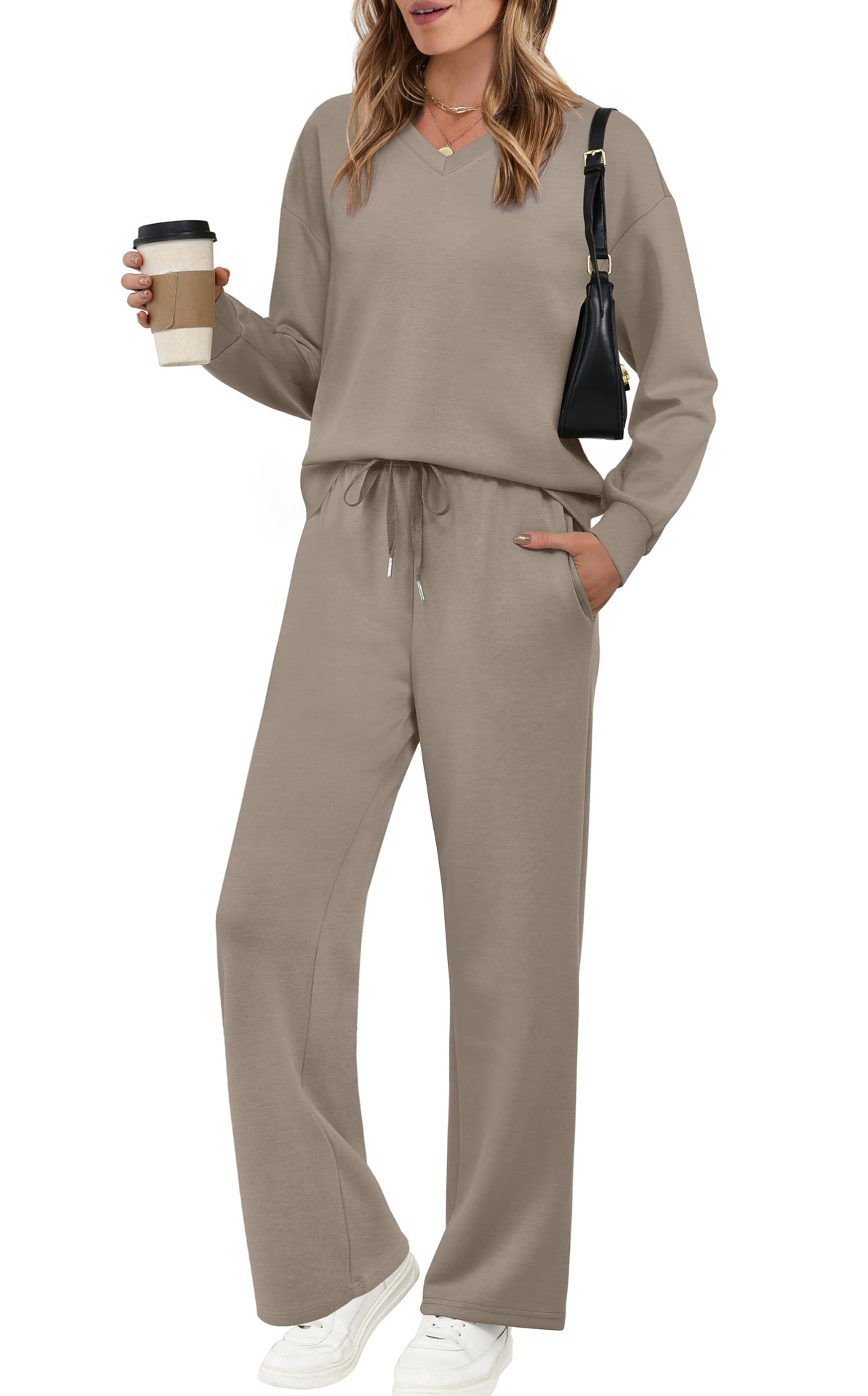 Women's Long Sleeve Drawstring Solid Color Casual Pants Set
