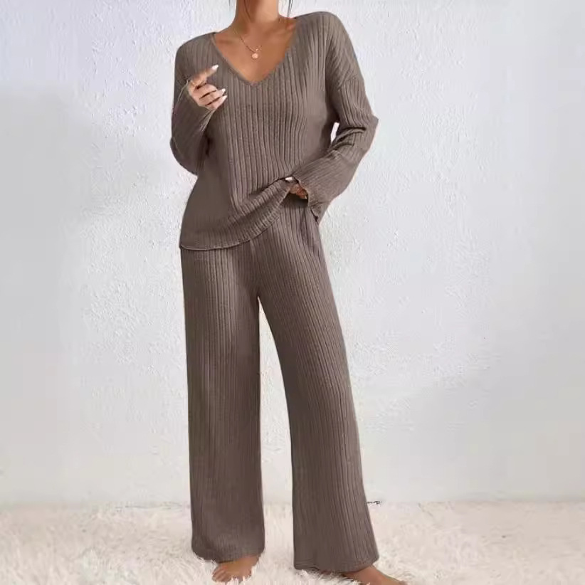 Women's Ribbed Brushed V-Neck Long Sleeve Loungewear Set