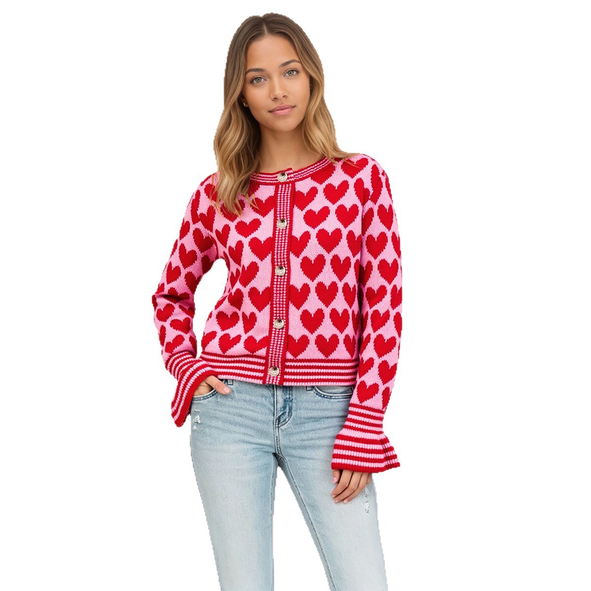 Heart Knit Cardigan Button-Up Flared Sleeve Sweater