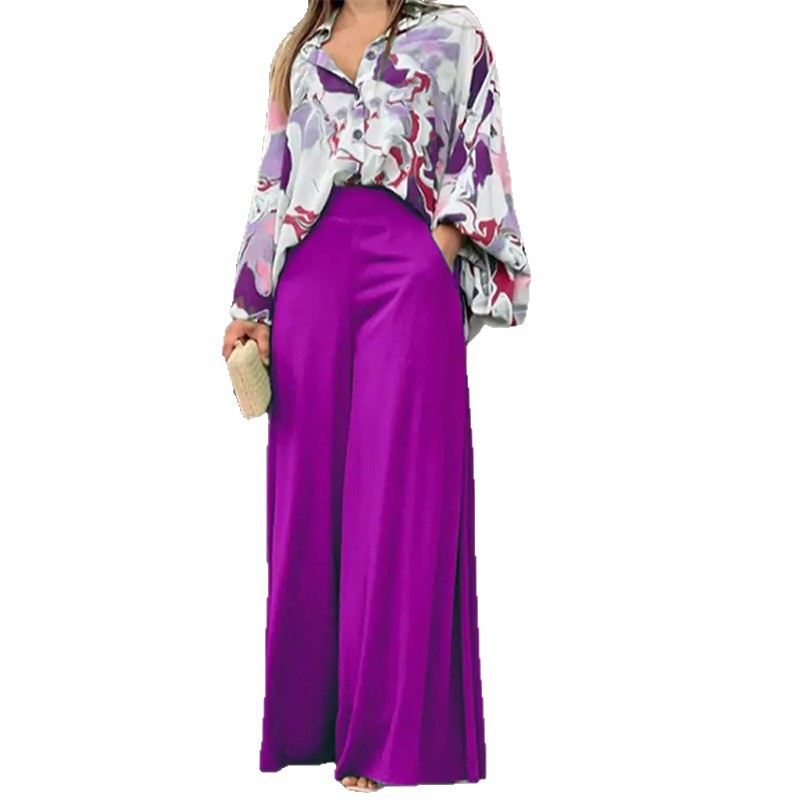Women's Batwing Sleeve Colorblock Print Two-Piece Pants Set Casual Commuter