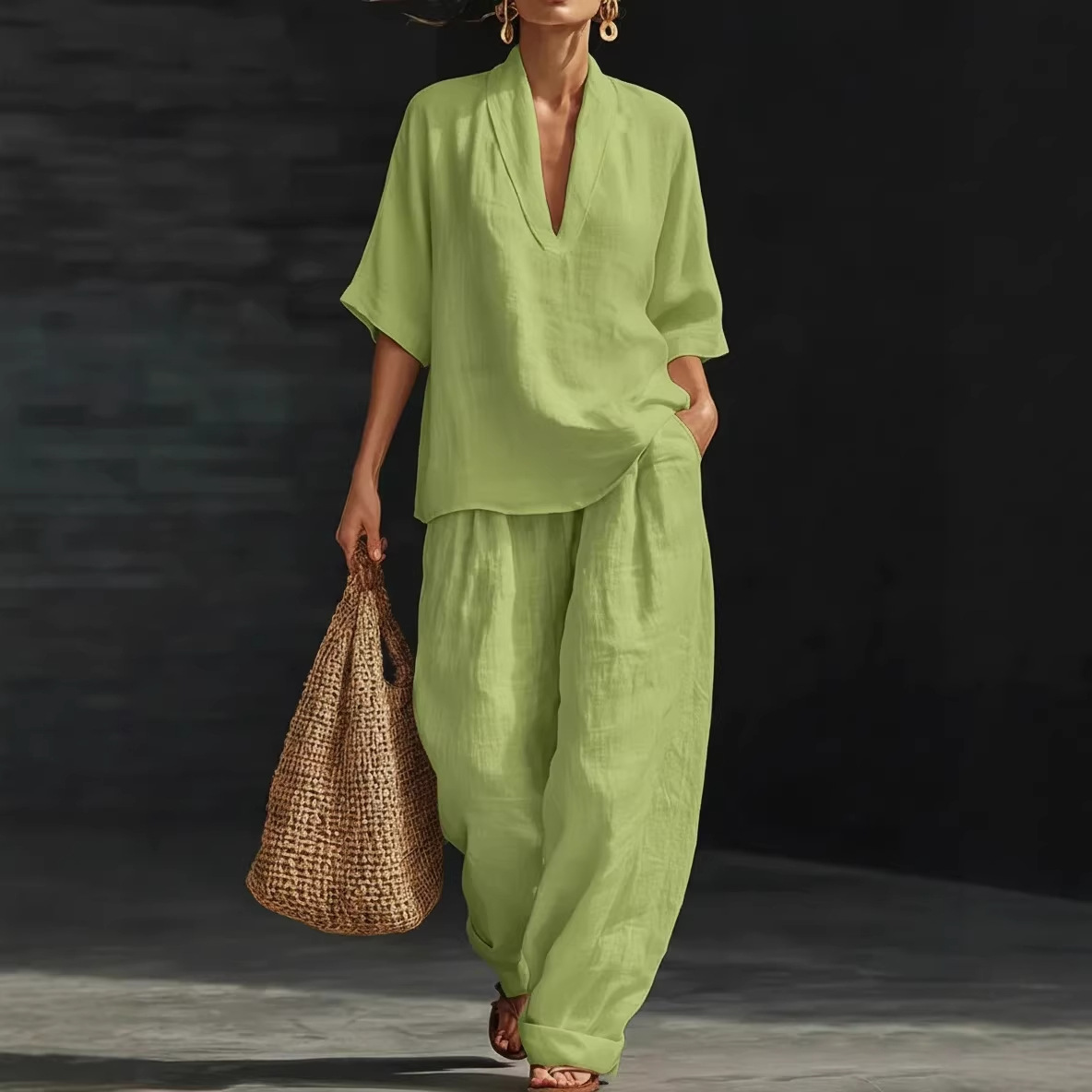 Women's Casual Solid V-Neck Short Sleeve T-Shirt and Long Pants Two-Piece Set