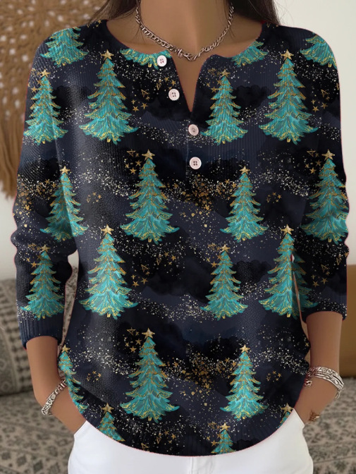 Women's Forest Crow Snowflake Print Button Sweatshirt