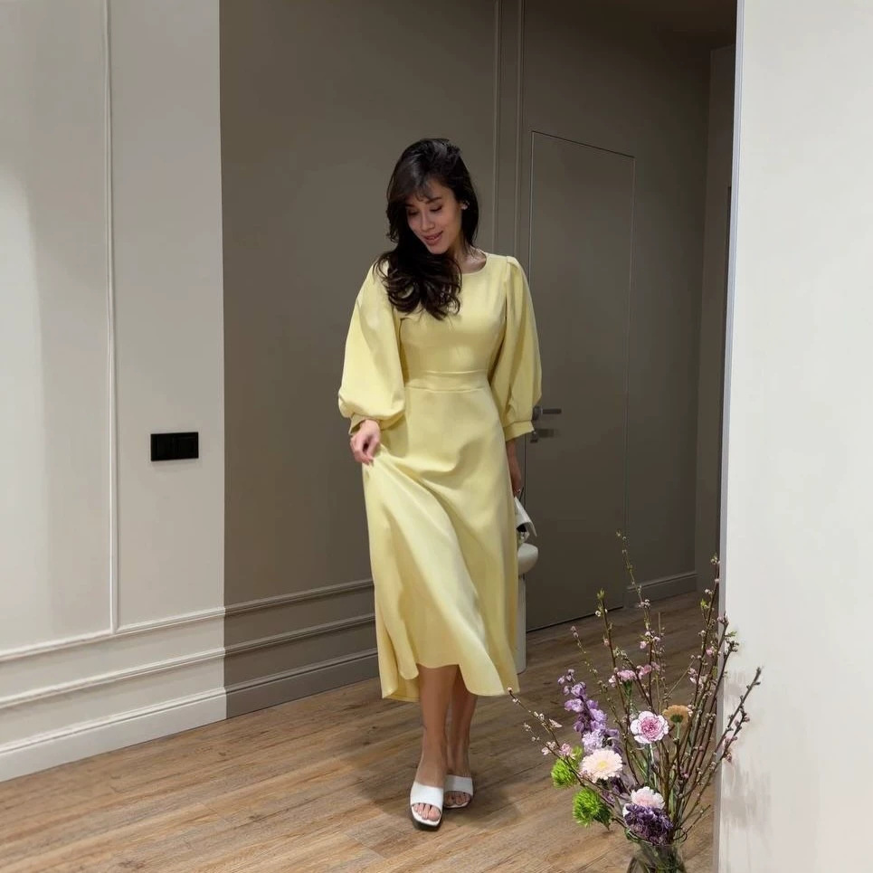 Solid Open-Back Lantern Sleeve Tie-Waist Long Dress