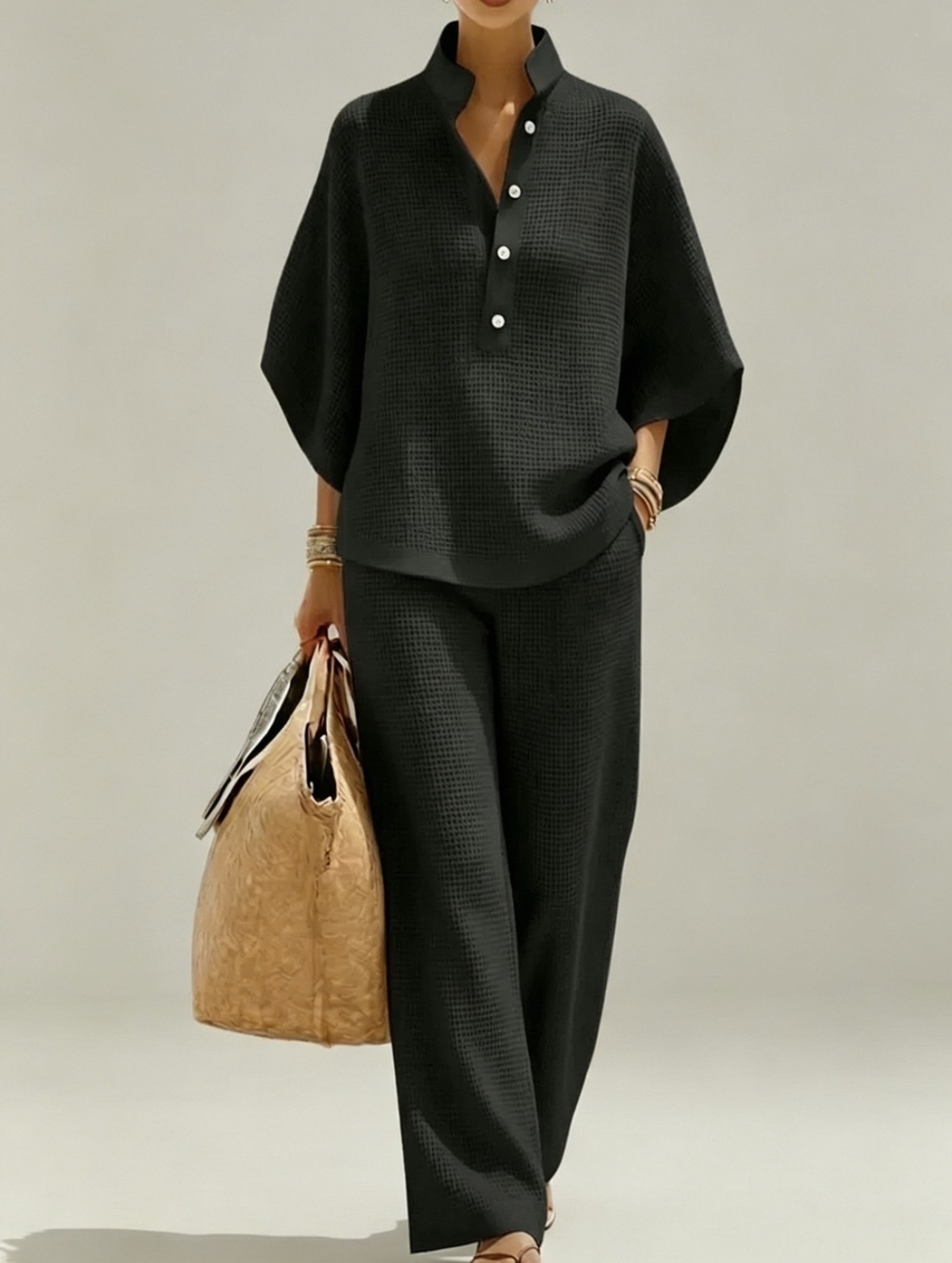 2026 New Casual Loose Stand Collar Set Breathable Waffle Wide-Leg Pants Two-Piece Set European American Best-Seller Women's Clothing