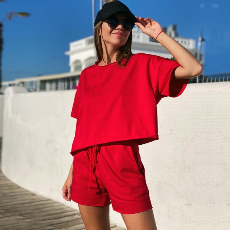 Women's Solid Color Crewneck Short Sleeve Drawstring Two-Piece Set