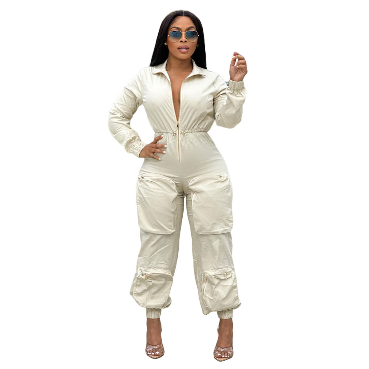 Women's Waist-Cinching Cargo Jumpsuit with Metal Zip and Bread Pockets