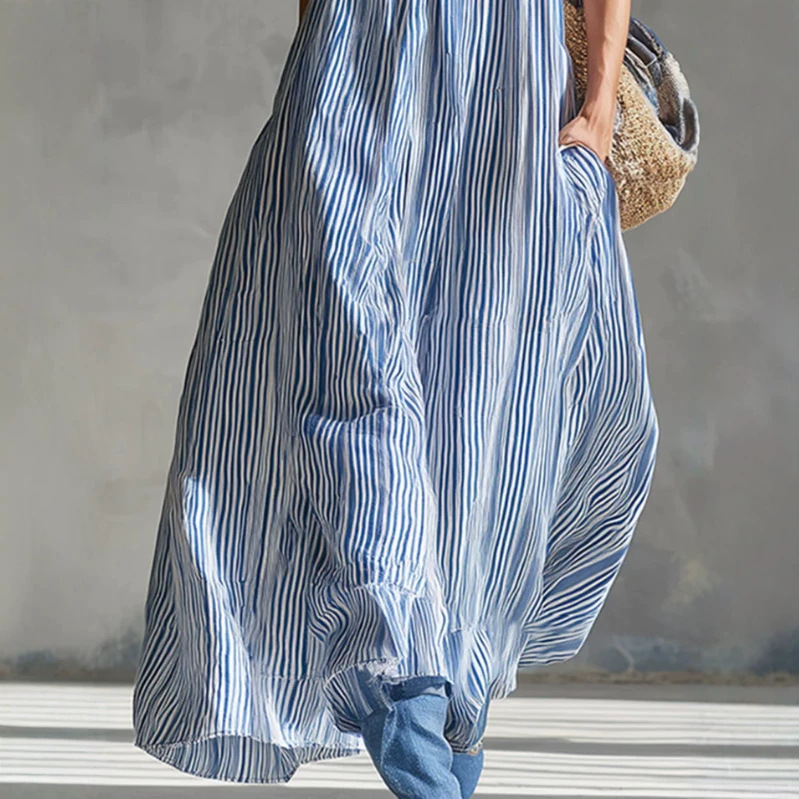 Elegant Blue Striped Square Neck Lace Trim Long Dress