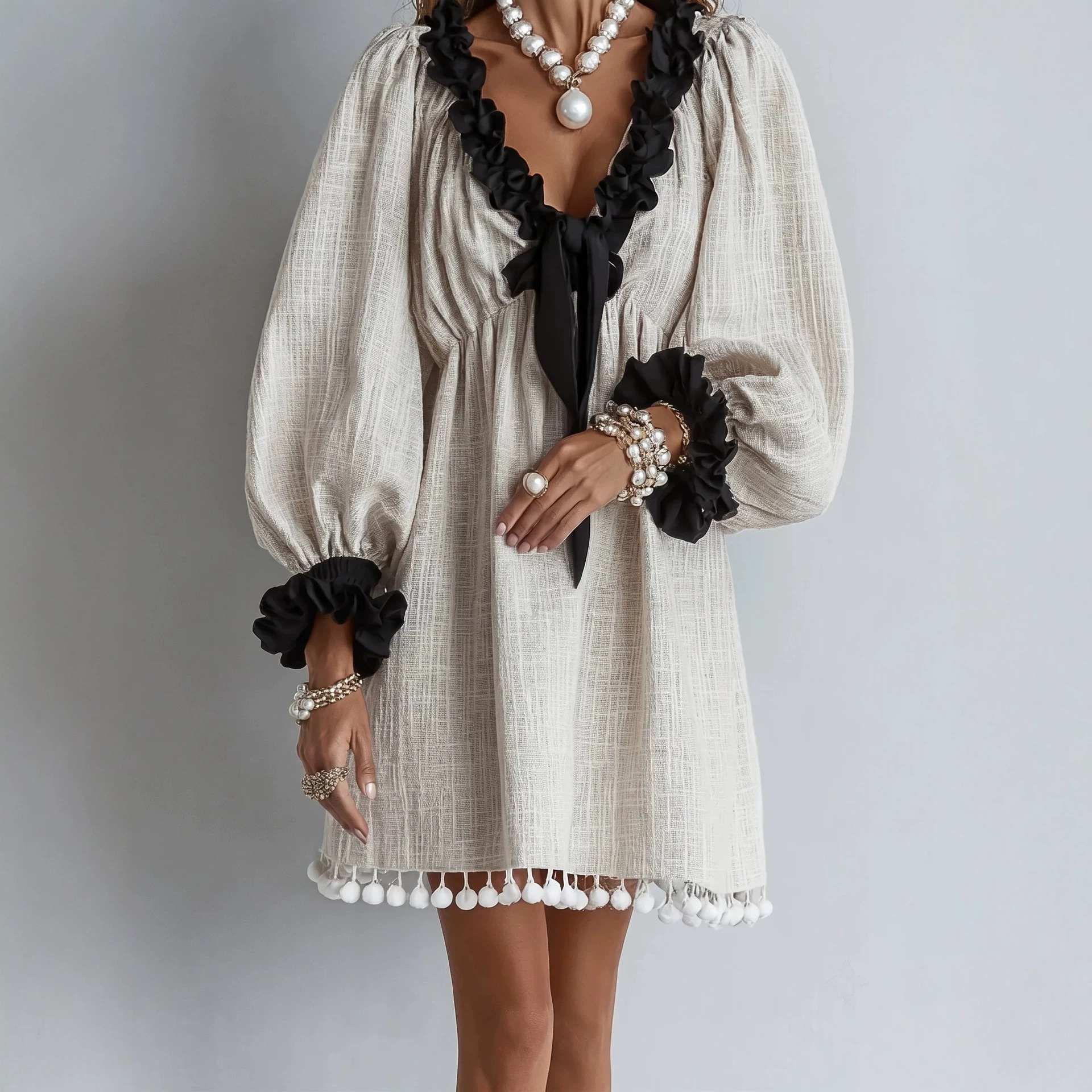 Color-Block Black Lace V-Neck Puff Sleeve Cotton-Linen Short Dress Tie Waist Pom-Pom Hem