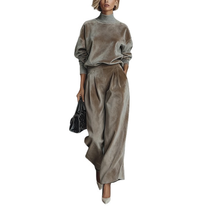 Velvet Long Sleeve Mock Neck Wide Leg Pants Two-Piece Set