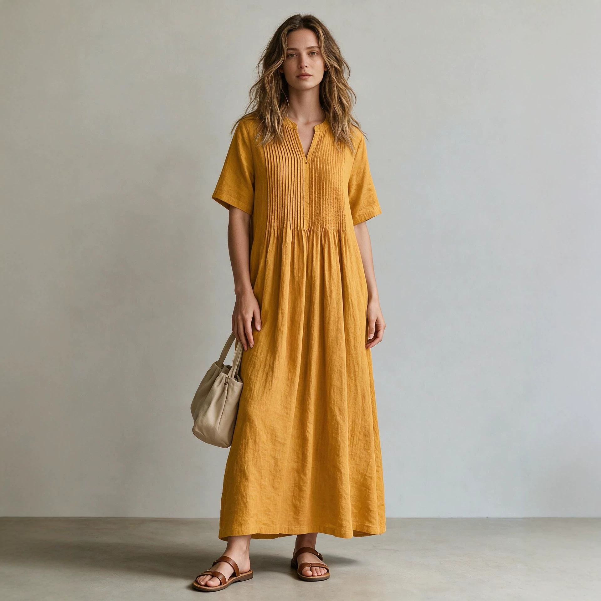 Women's V-Neck Short Sleeve Pleated Cotton Linen Midi Dress