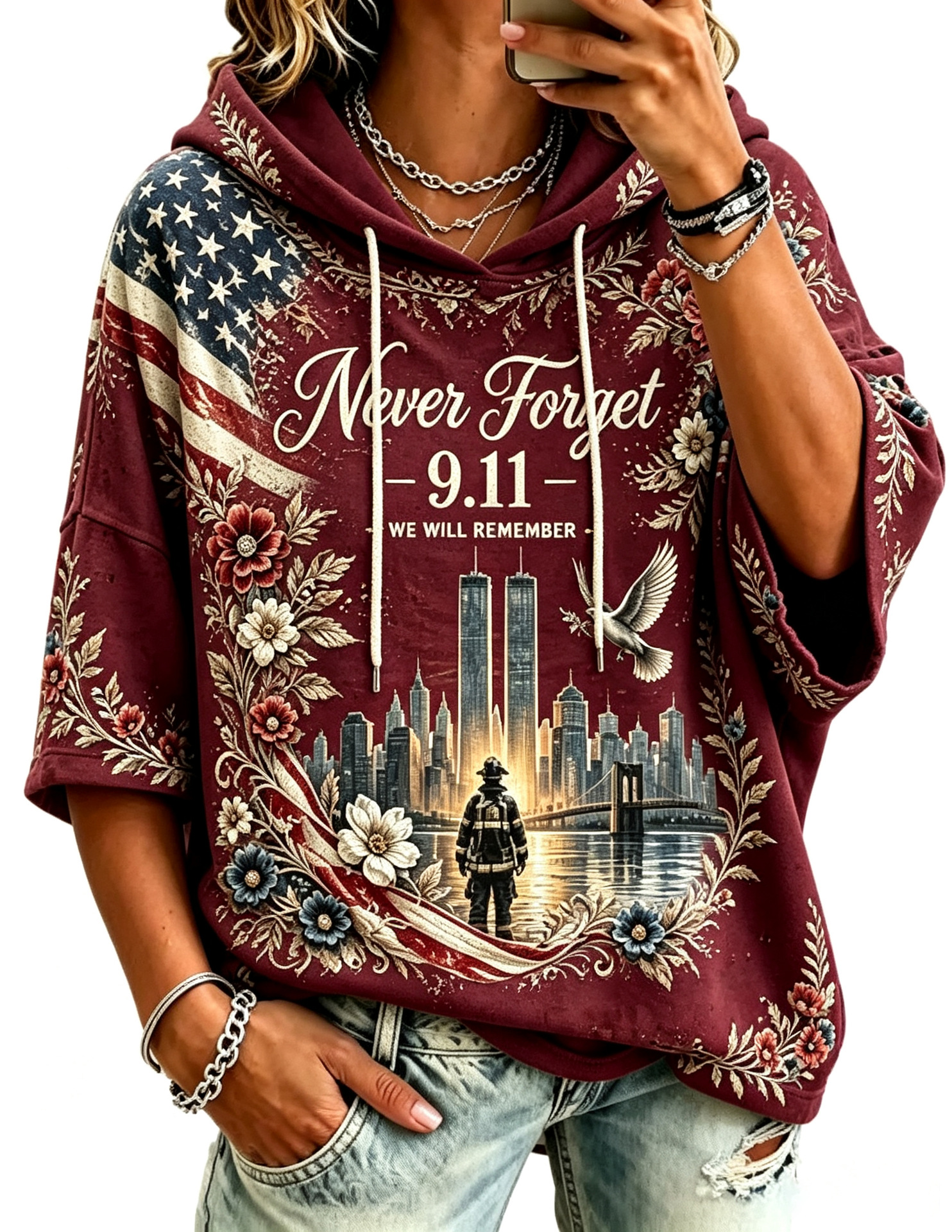 Women's Casual Hoodie with American Twin Towers Print