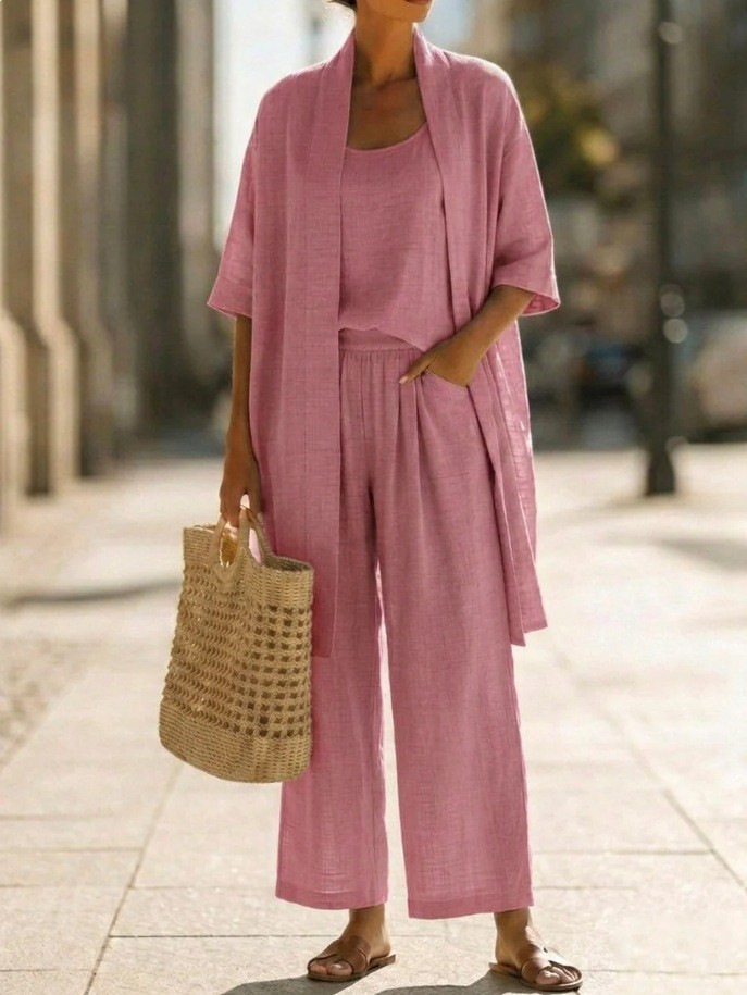Women's Solid Color Casual Loose Straight Three-Piece Pant Set