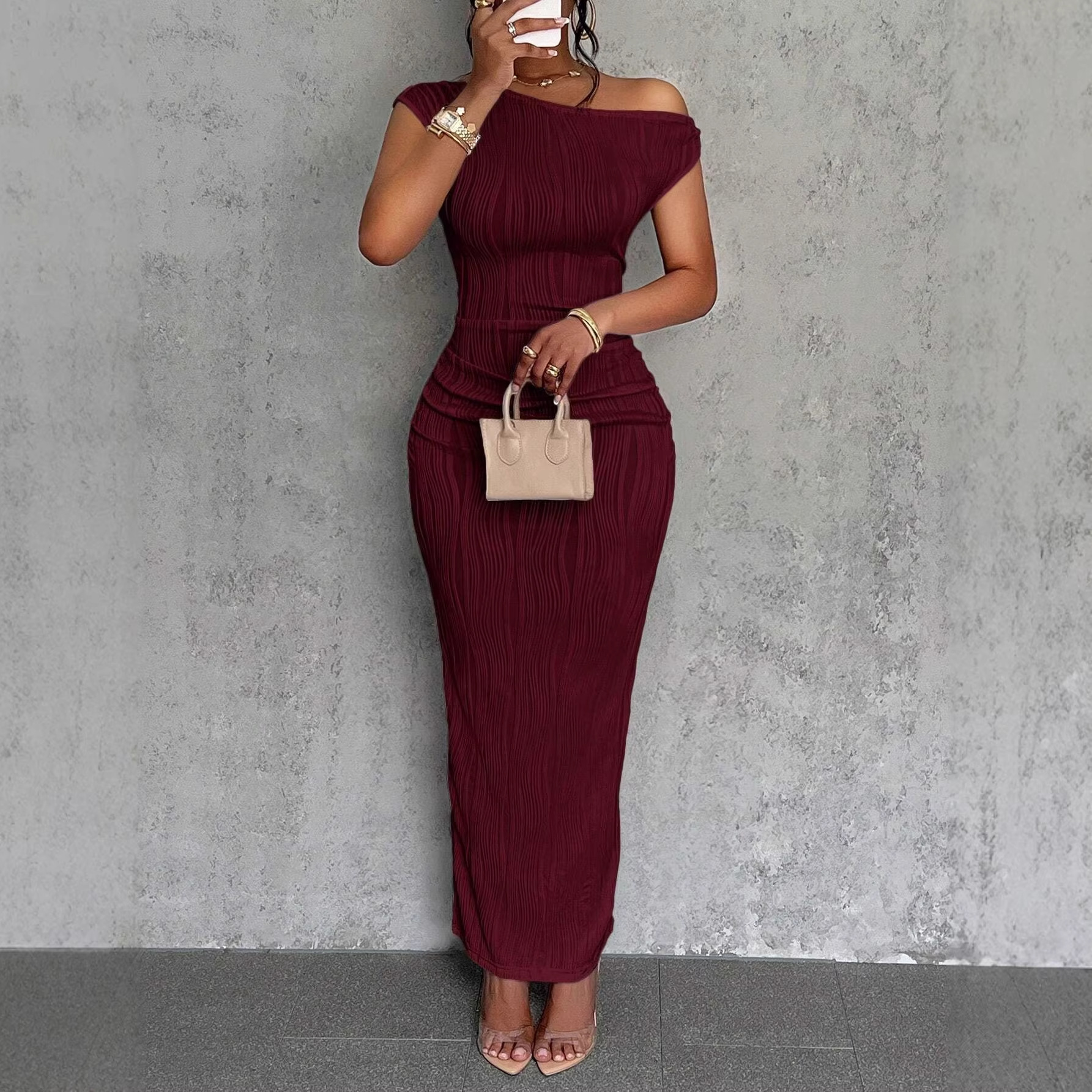 Slim Fit Elegant Water Ripple One-Shoulder Dress