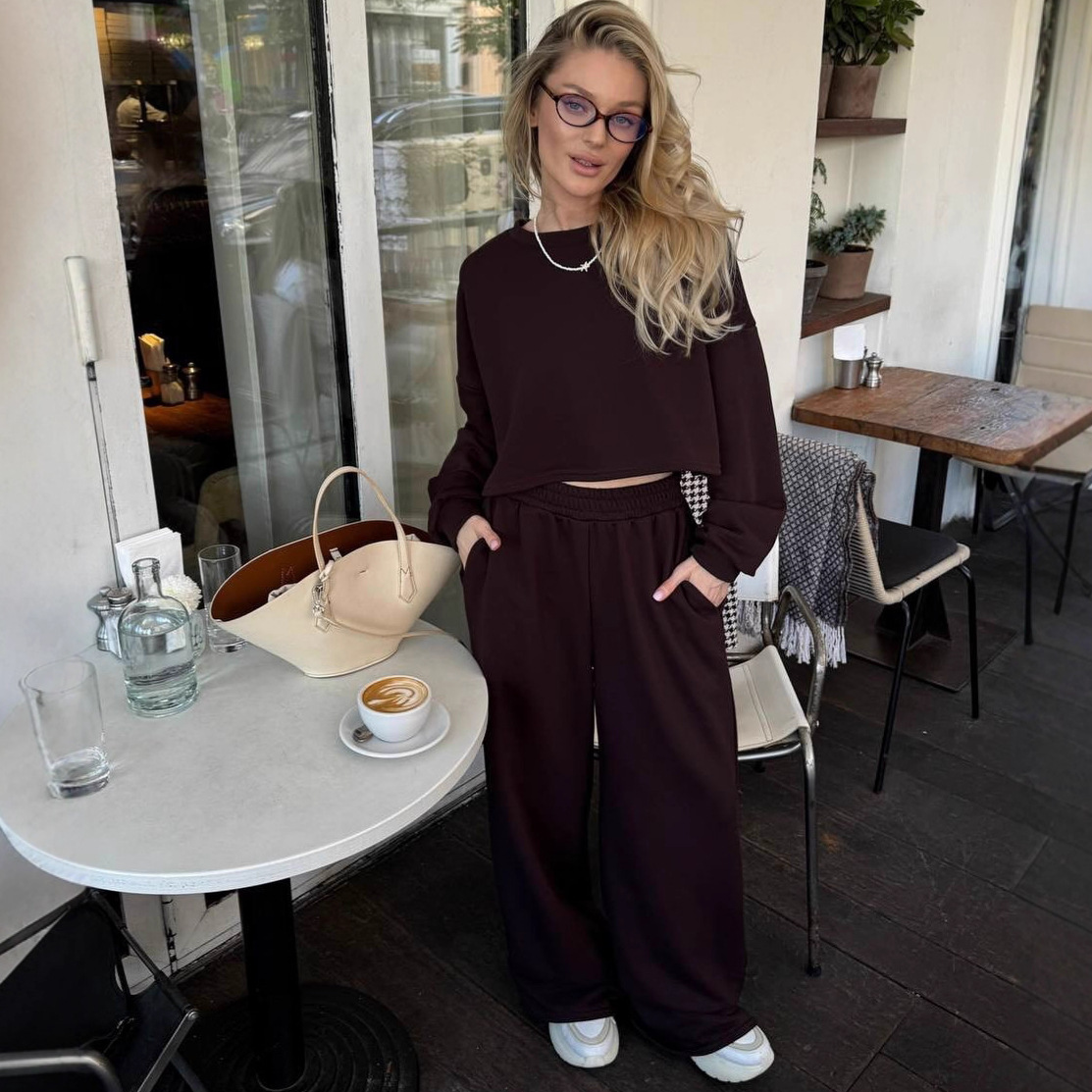 Women's Solid Color Long Sleeve Crew Neck Loose Top and Elastic Wide Leg Pants Two-Piece Set