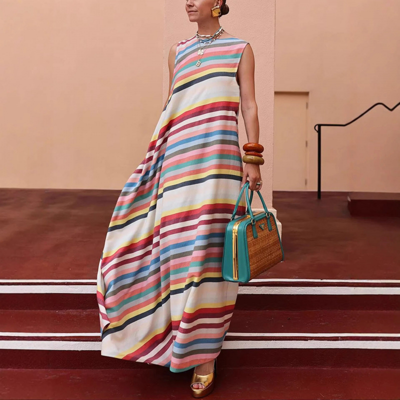 Rainbow Striped Sleeveless Round Neck Dress