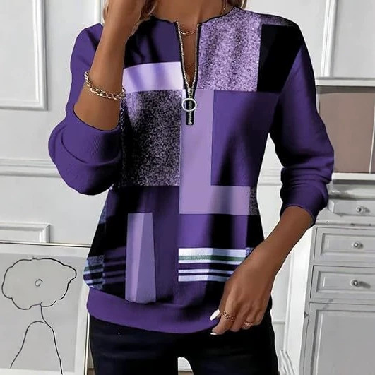 Retro Plaid Colorblock Print Half-Zip Hoodie for Women