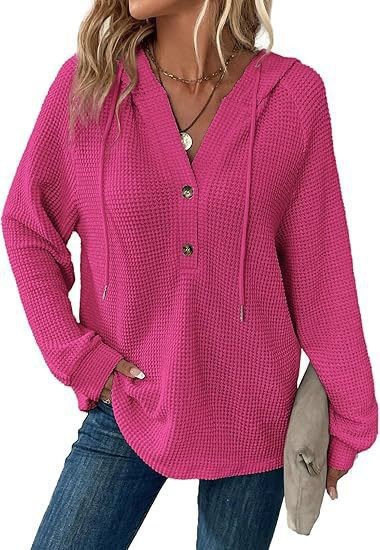 Women's Waffle Knit Drawstring Button V-Neck Hooded Sweatshirt