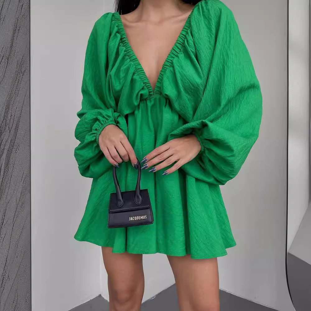 V-Neck Long Sleeve Bubble Sleeve Flared Dress