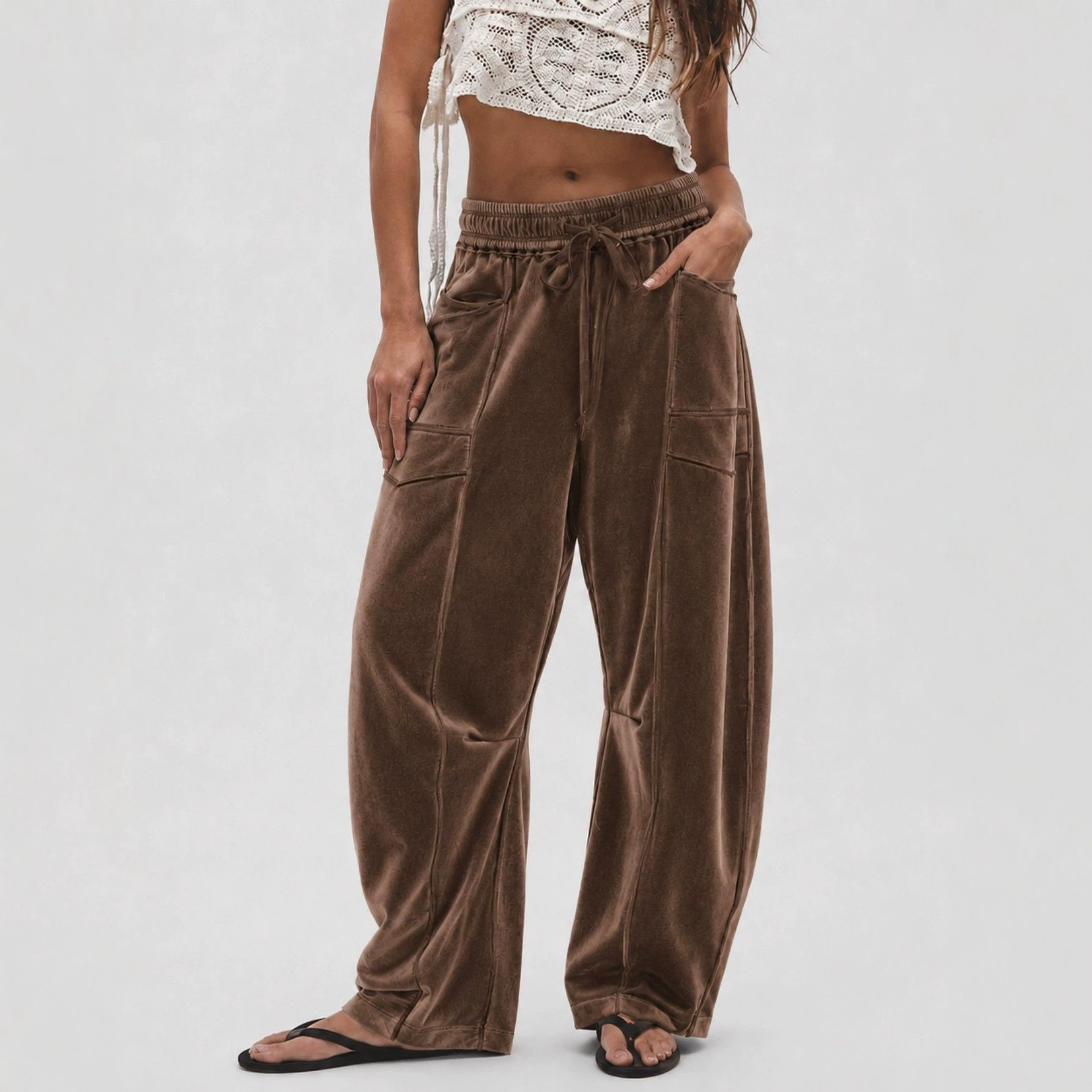 Women's Wide-Leg Velvet Pants with Drawstring Casual Loose Fit