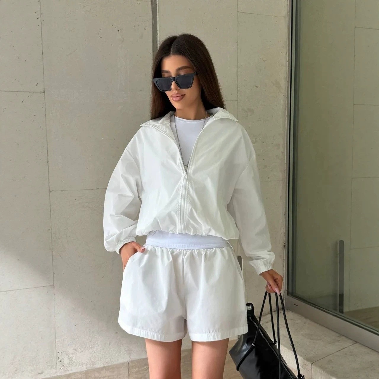 Women's Lightweight Stand Collar Zip Cardigan & Wide-Leg Shorts Set