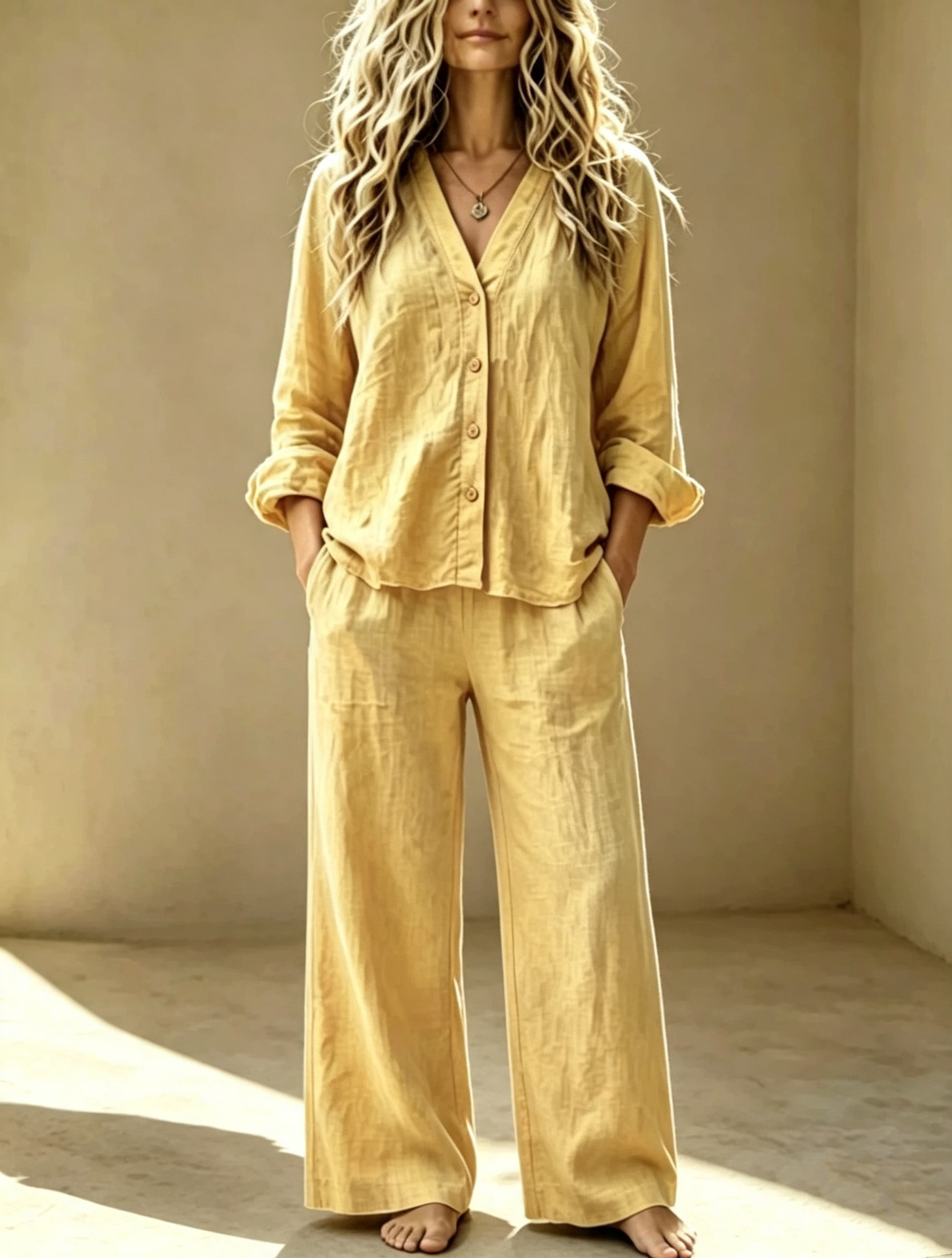 Women's Casual Two-Piece Set V-Neck Cardigan Top and Straight Wide-Leg Pants