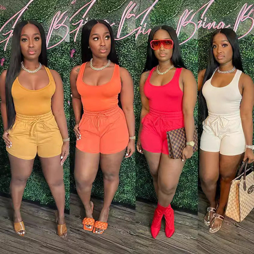 Women's Sexy Two-Piece Tank Top and Shorts Set with Tie Detail