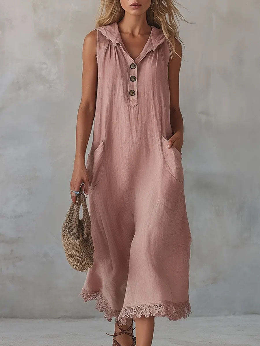 Women's Summer Hooded Dress Loose V-Neck Button Lace Trim Sleeveless Long Dress