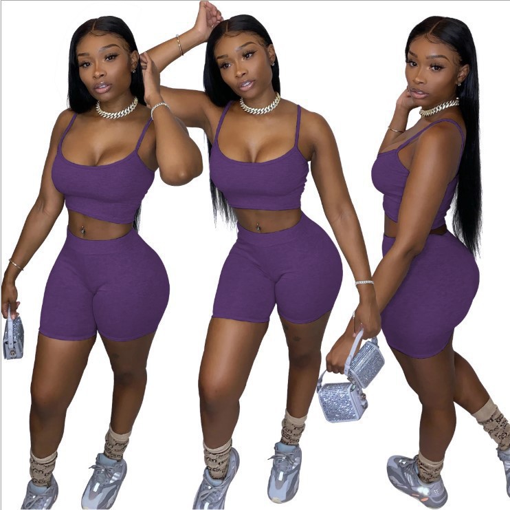 Women's Solid Color Crop Cami Top and Biker Shorts Set