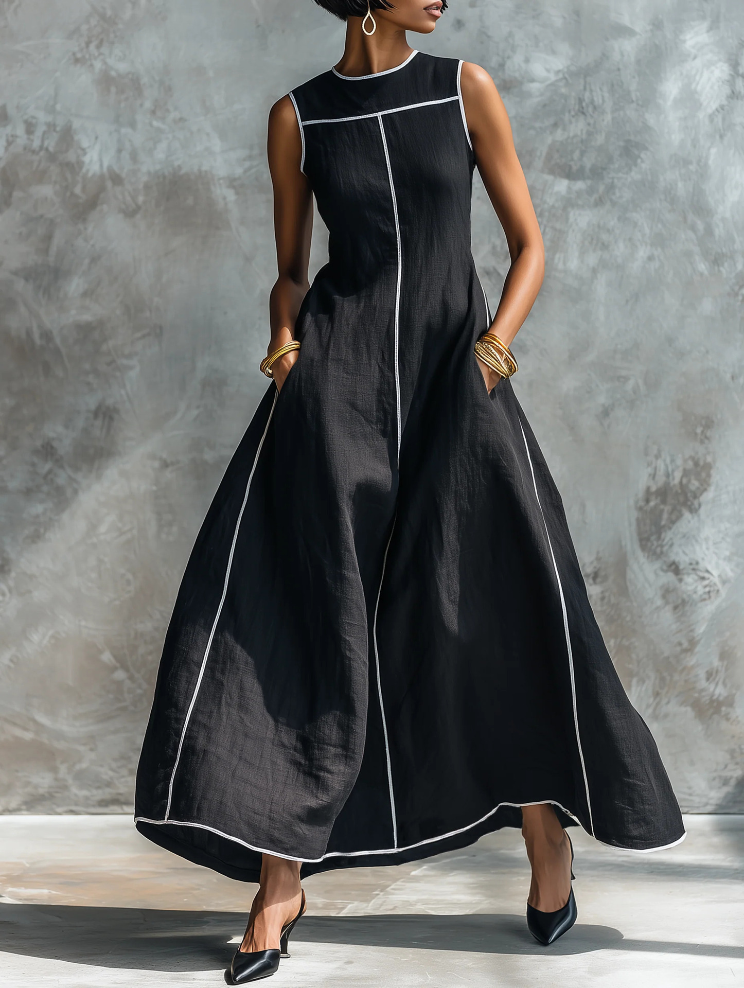 Women's Sleeveless Colorblock A-Line Midi Dress with Contrast Stitching and Cinched Waist