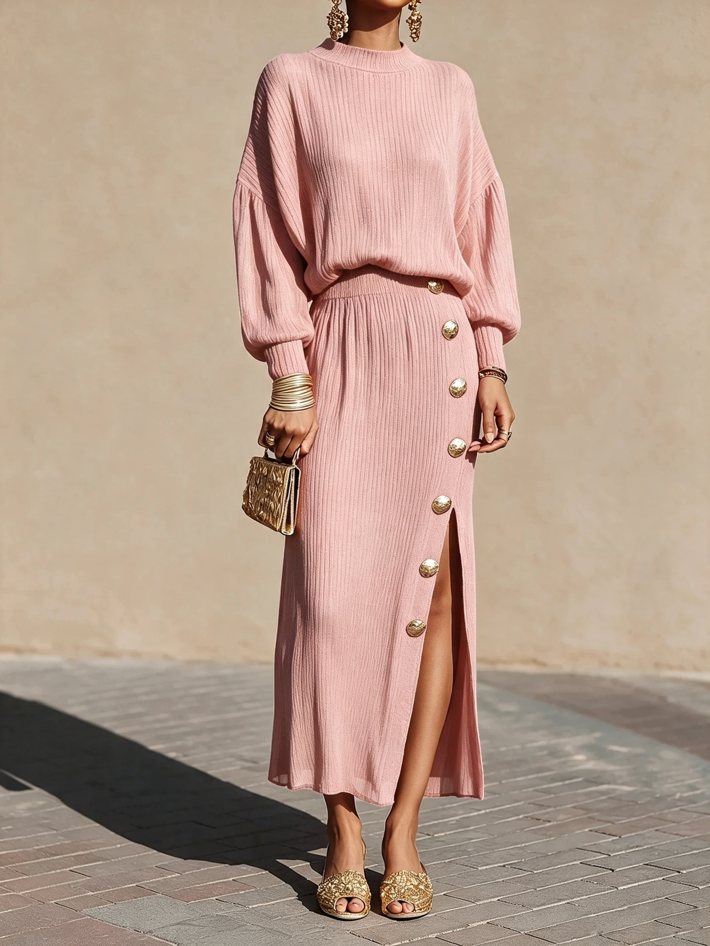 Women's Solid Pleated Knit Long-Sleeve Top and Button Slit Skirt Two-Piece Set