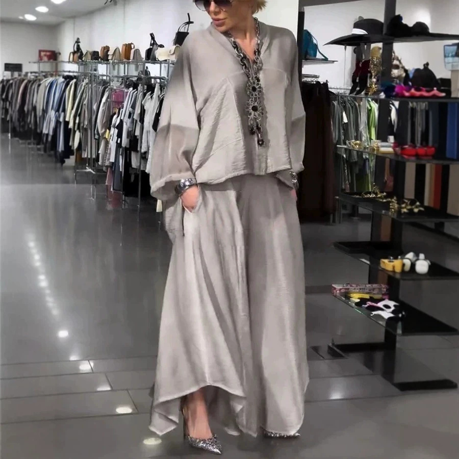 Women's Casual Loose Cotton-Linen Spliced Chiffon V-Neck Long-Sleeve Two-Piece Set