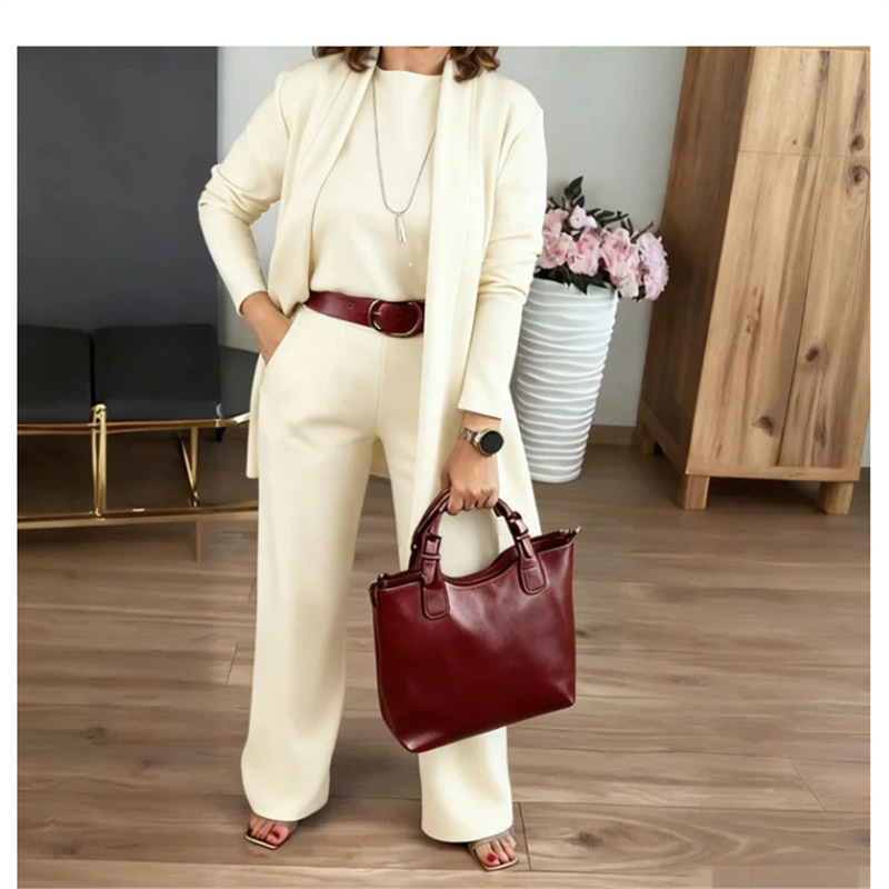 Women's 3-Piece Solid Crewneck Long-Sleeve Top Belted Pants Set